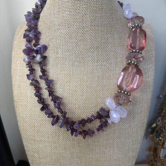 Loft Multistrand Purple Amethyst Chip & Pink Bead Necklace With Silver Accents 1 - Picture 2 of 9